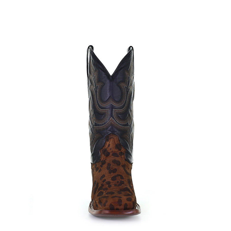 Ladies Camel Leopard & Black Square Toe Boots | A4144
