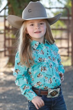 GIRL'S COWGIRL PRINT BUTTON-DOWN WESTERN - TURQUOISE | Ctw3370017